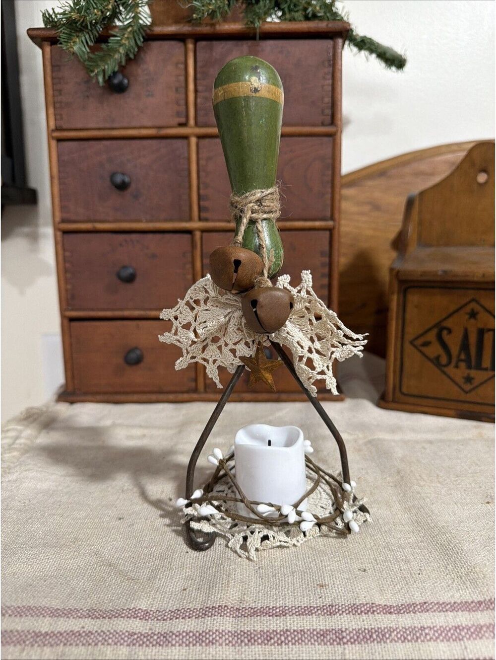 Primitive Christmas Decor Candle Holder Vintage Masher Lace Rusty Bells Country